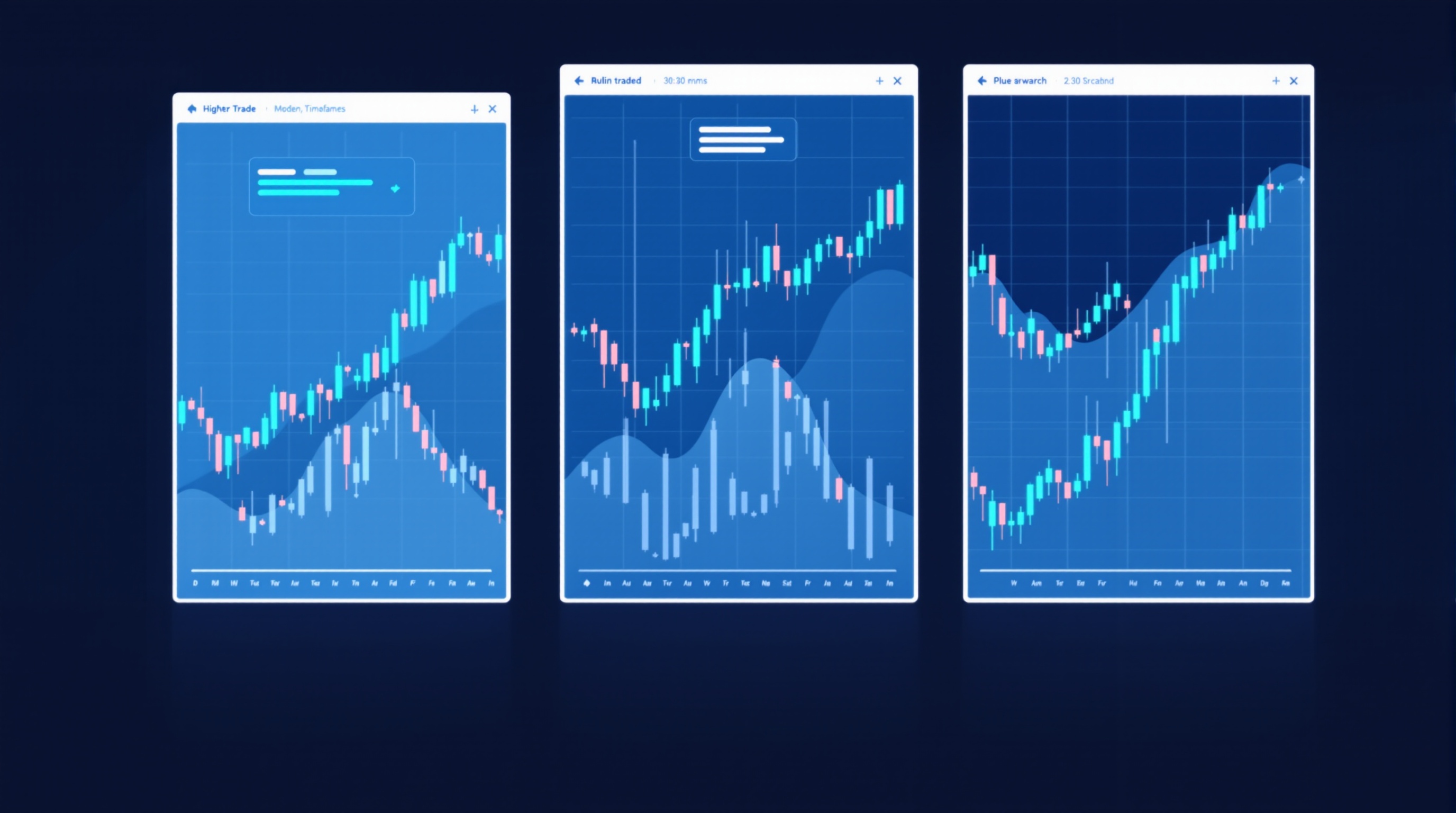 Three forex charts of the same currency pair shown at different timeframes side by side
