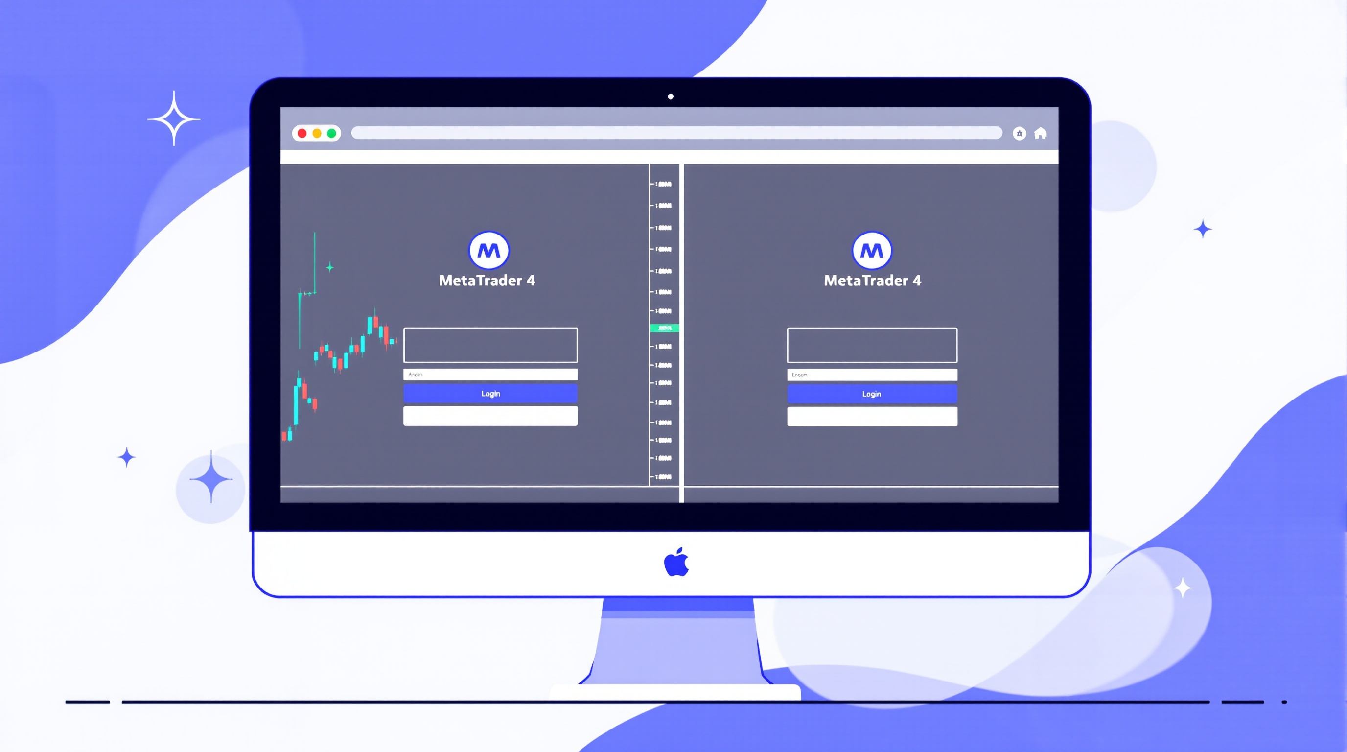 Trader comparing two MetaTrader 4 login windows for different brokers side by side on a desktop screen