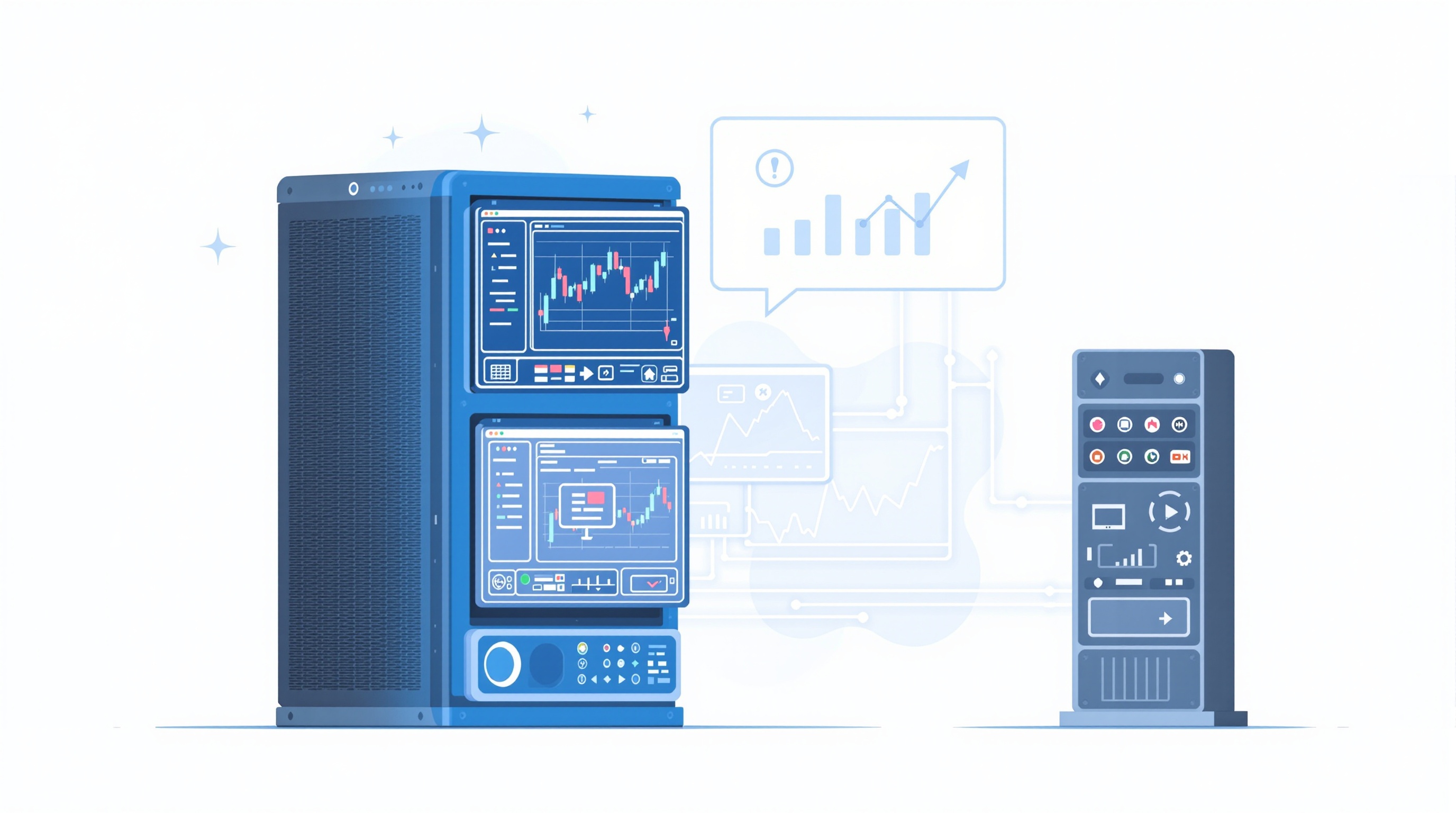 Illustration of several MetaTrader terminal windows running on a virtual server rack with a network latency graph