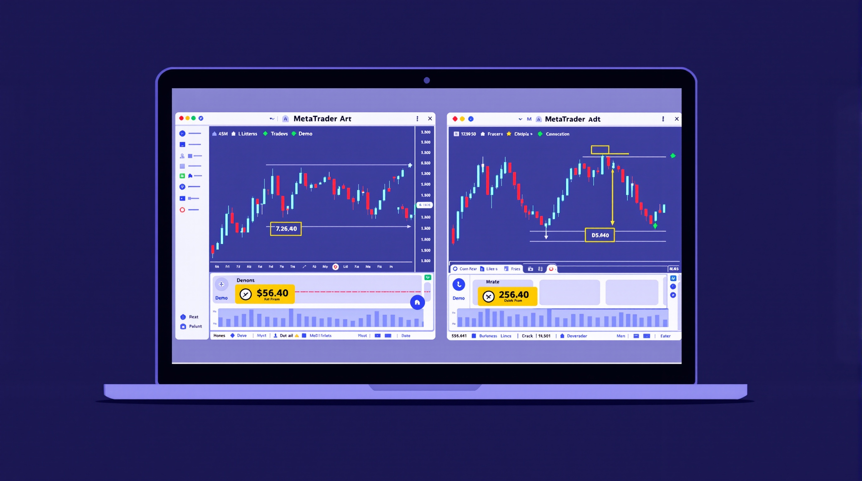 Trader comparing a demo and live MetaTrader account setup on a laptop screen