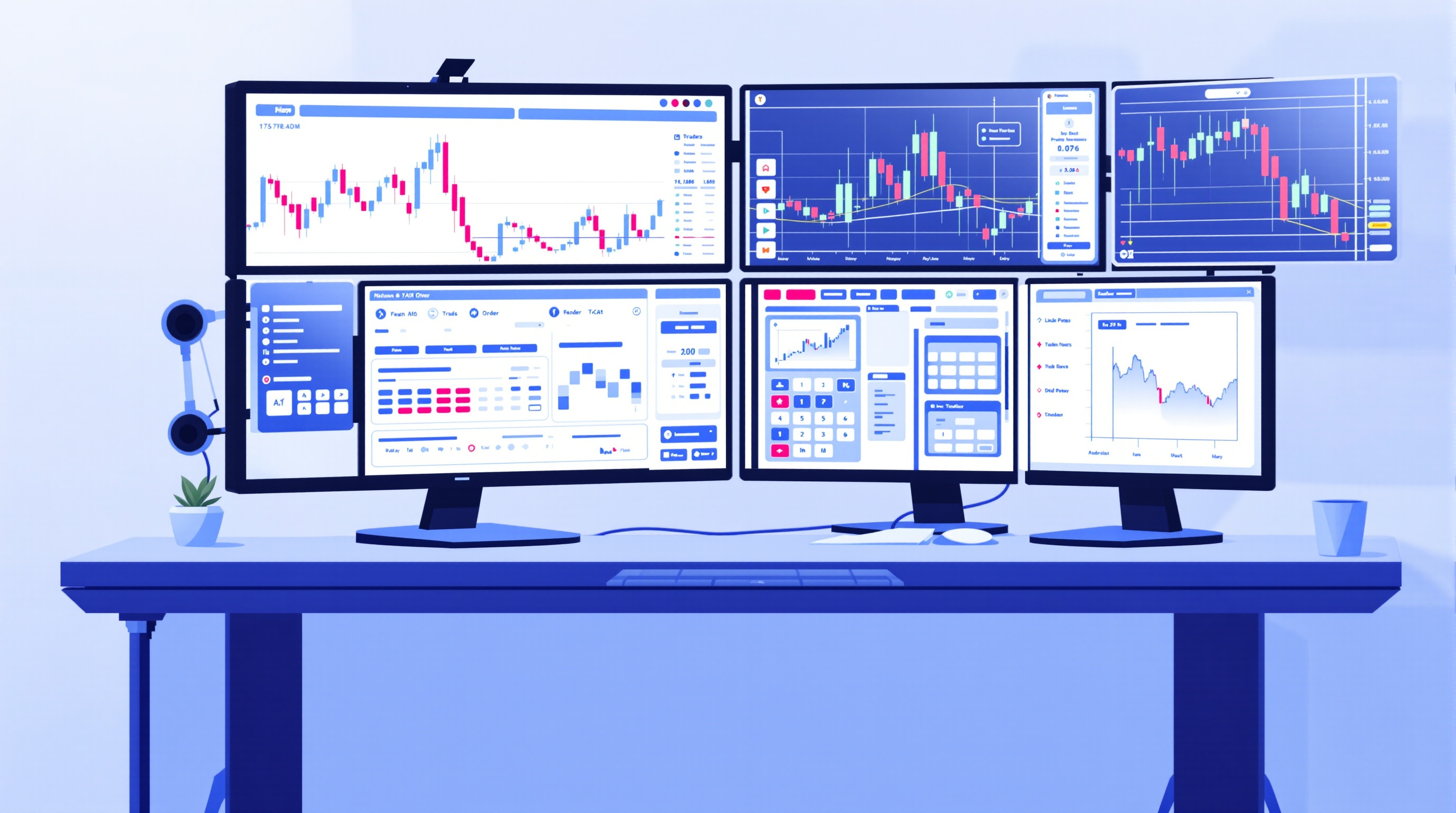 Trader configuring MetaTrader platform settings for scalping on a multi-monitor desk