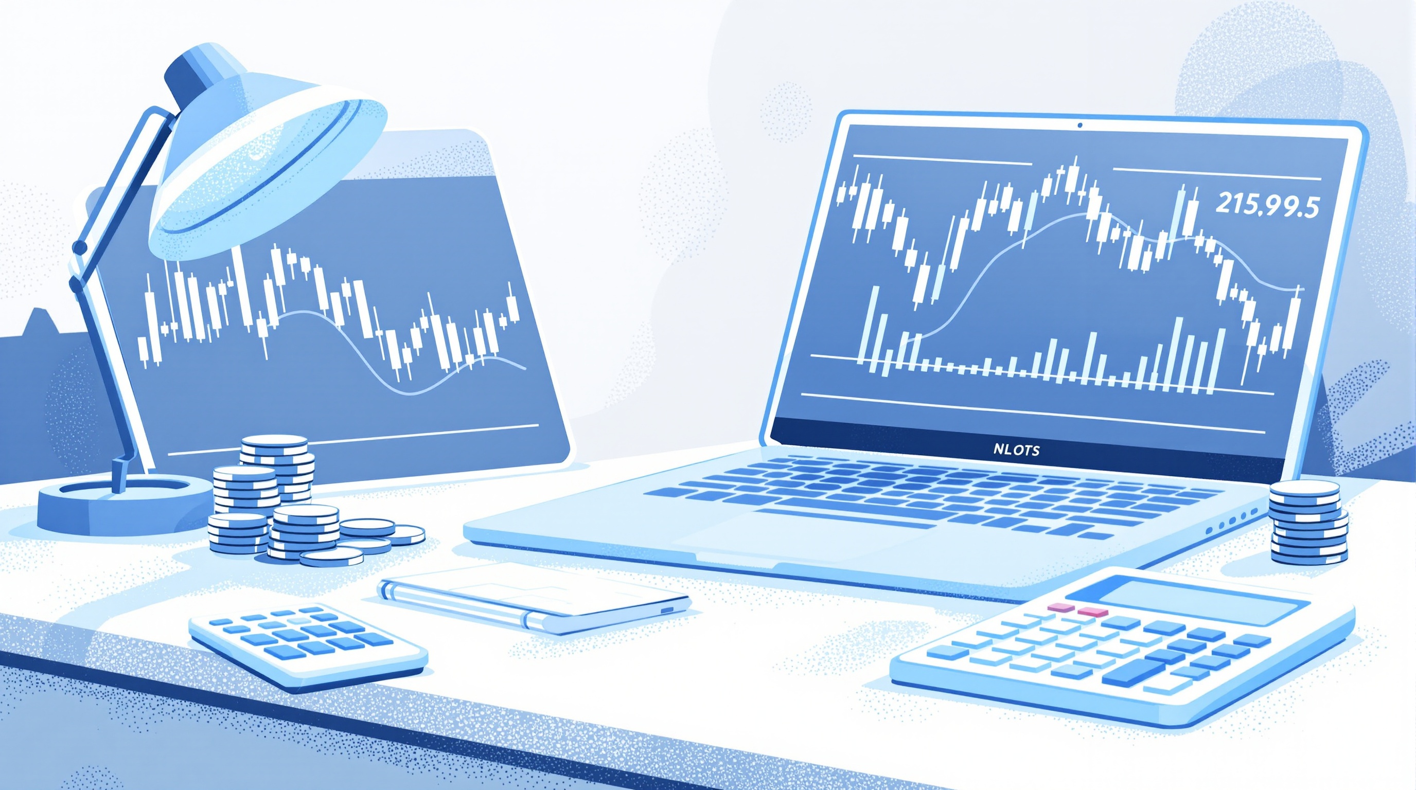 Trader calculating pip value and position size on a laptop with a forex chart in the background