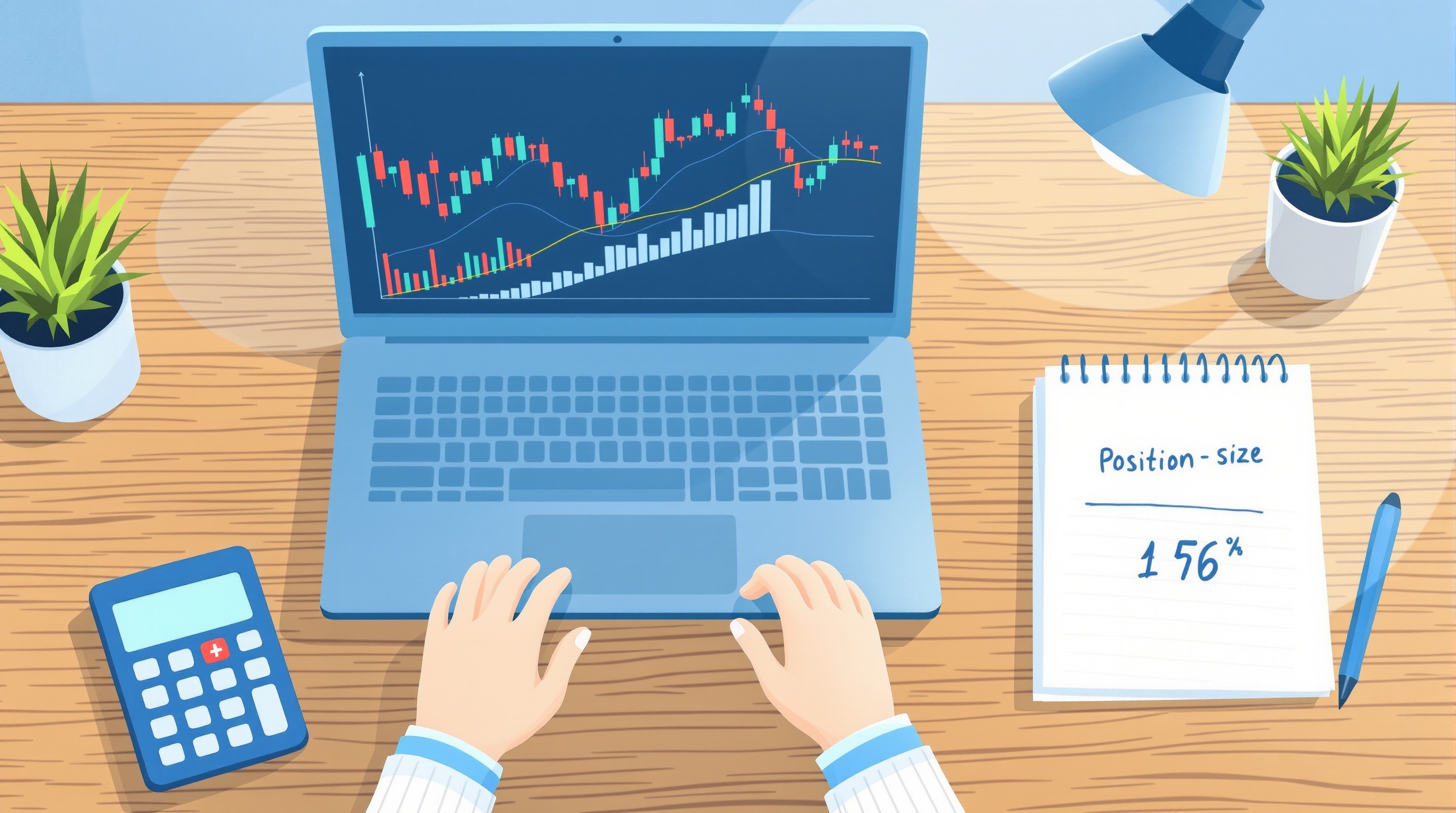 Trader calculating pip value and position size on a laptop with charts and a calculator