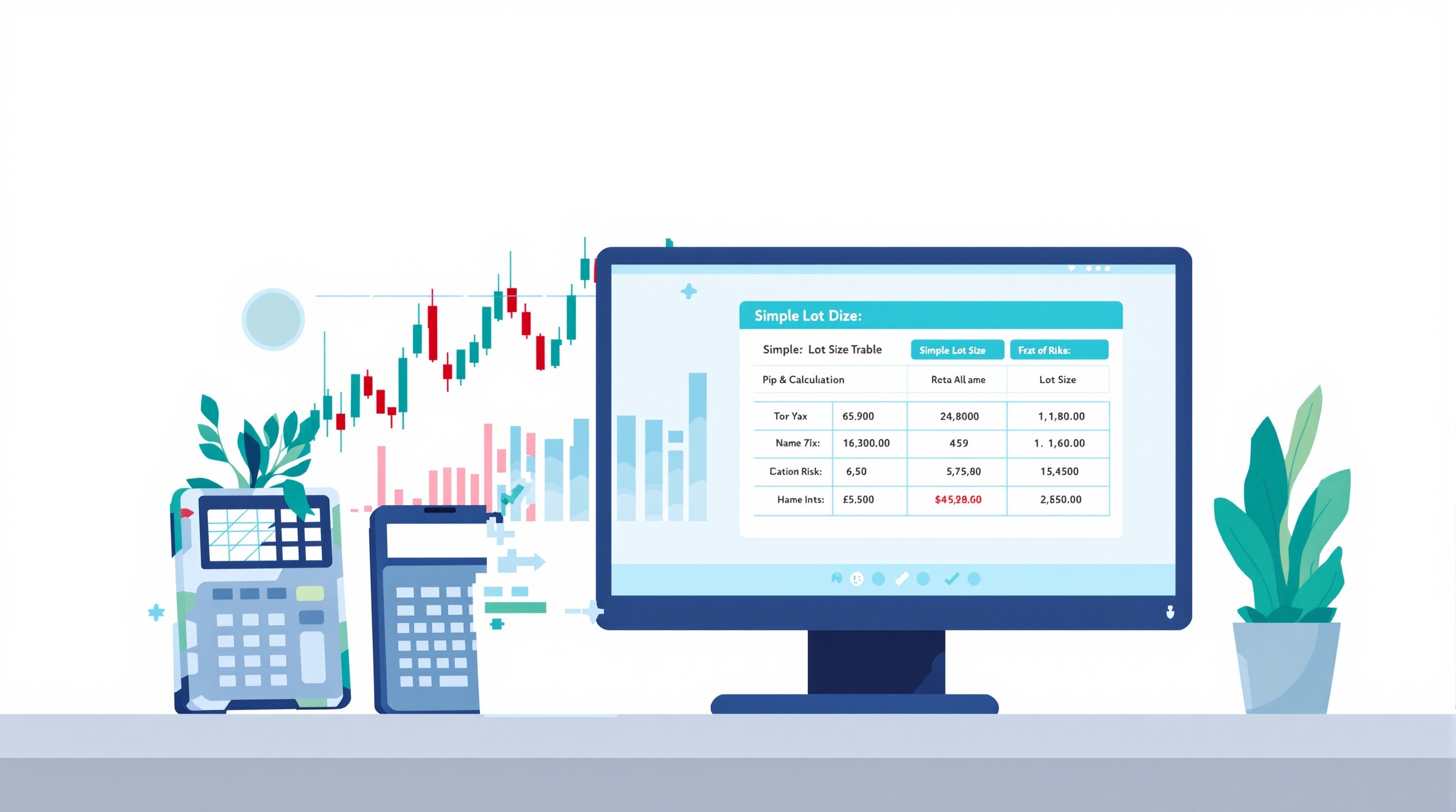 Trader calculating pip value and position size on a forex chart with a calculator and lot size table