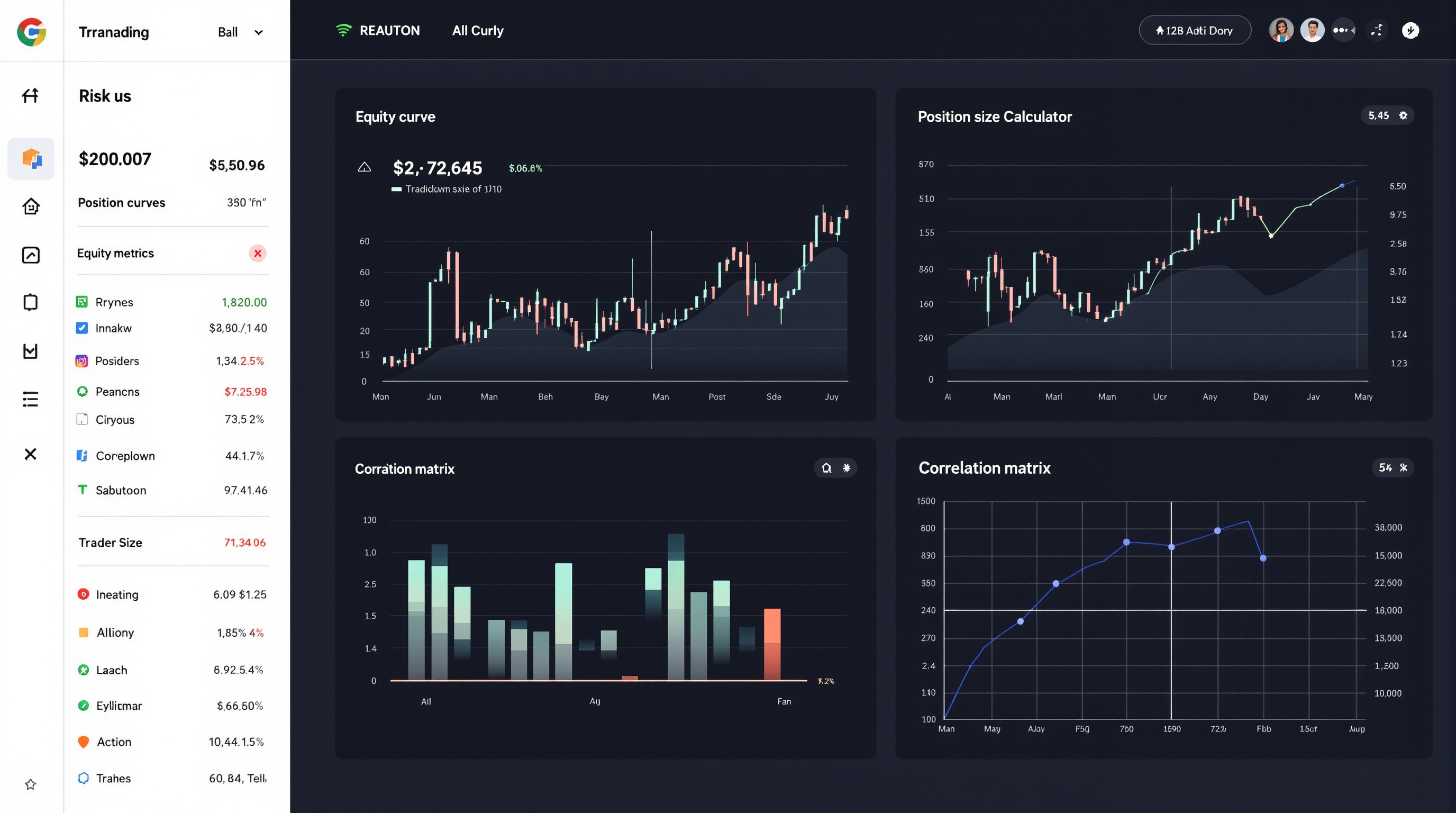 Trader's desk showing a risk dashboard with position size, drawdown and correlation panels