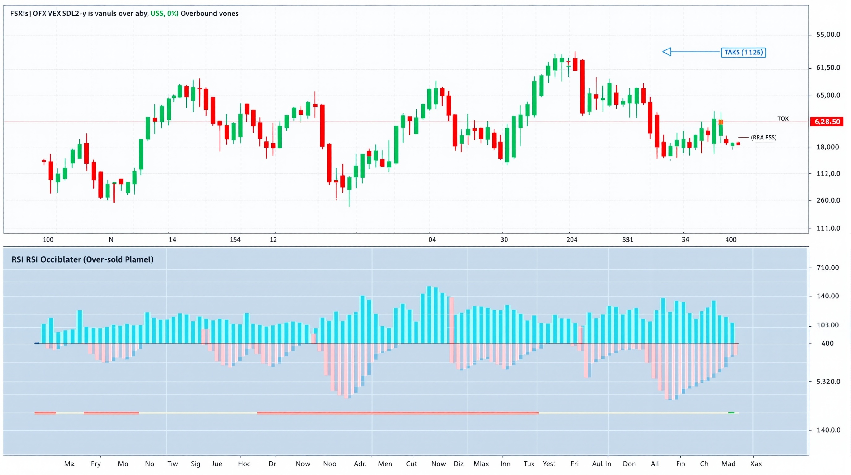 Price chart with RSI momentum indicator plotted below showing overbought and oversold zones