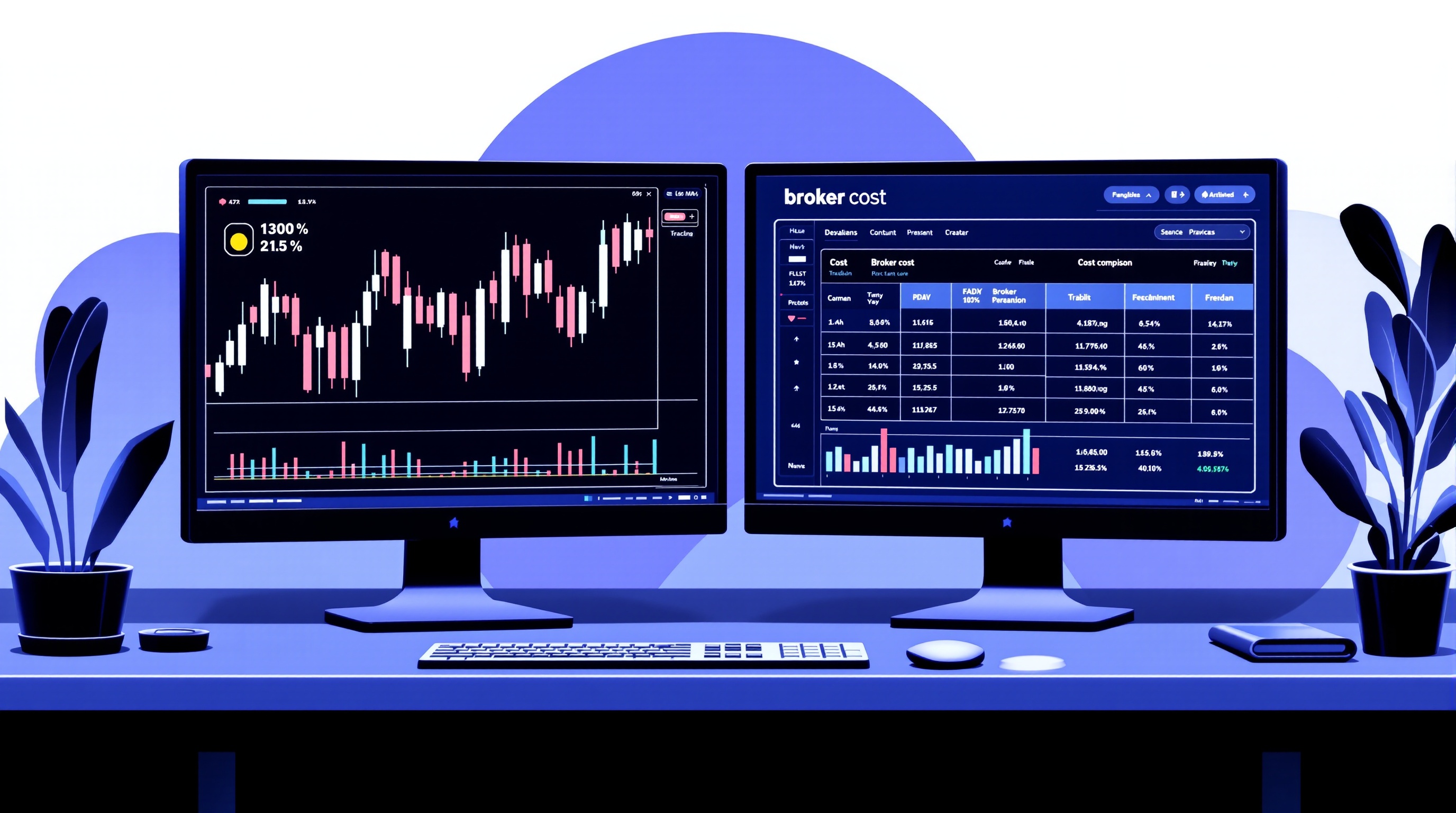 Trader comparing spread and commission tables on two monitors while scalping a forex chart