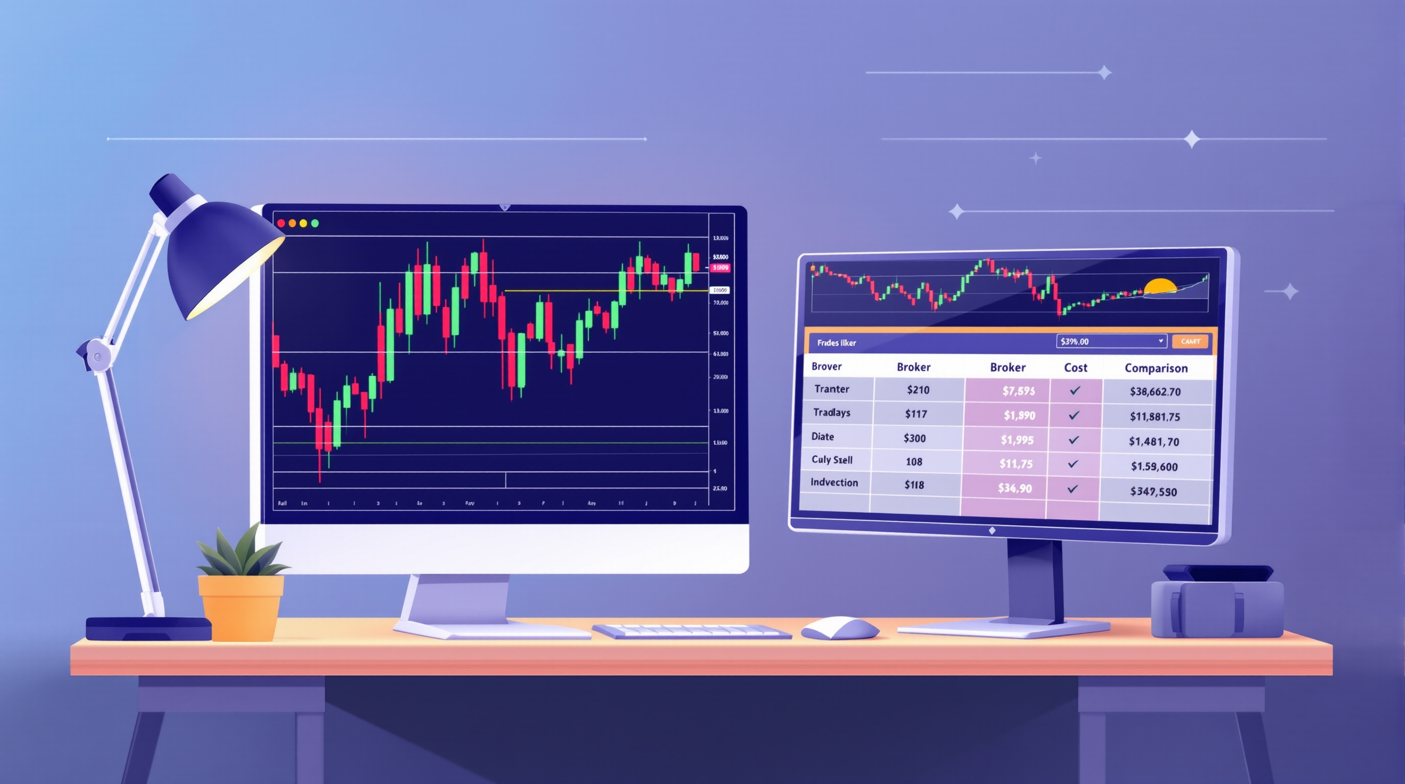 Trading desk showing a candlestick chart next to a broker cost comparison table