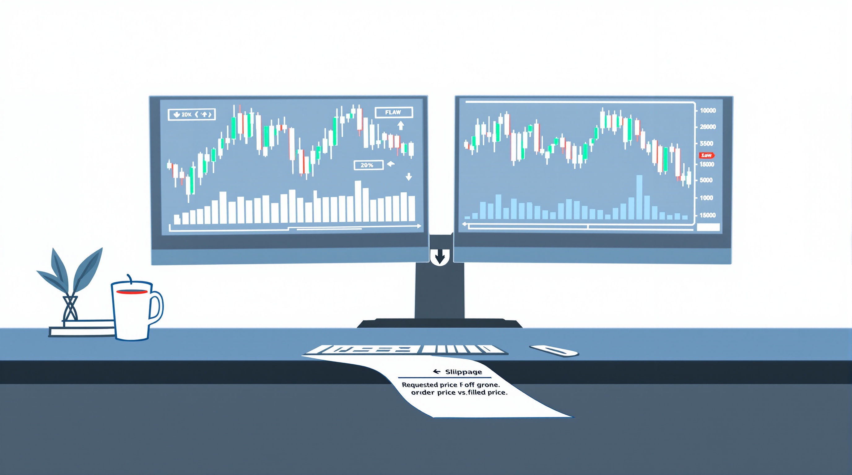 Trader analysing order execution and slippage data across two charting screens