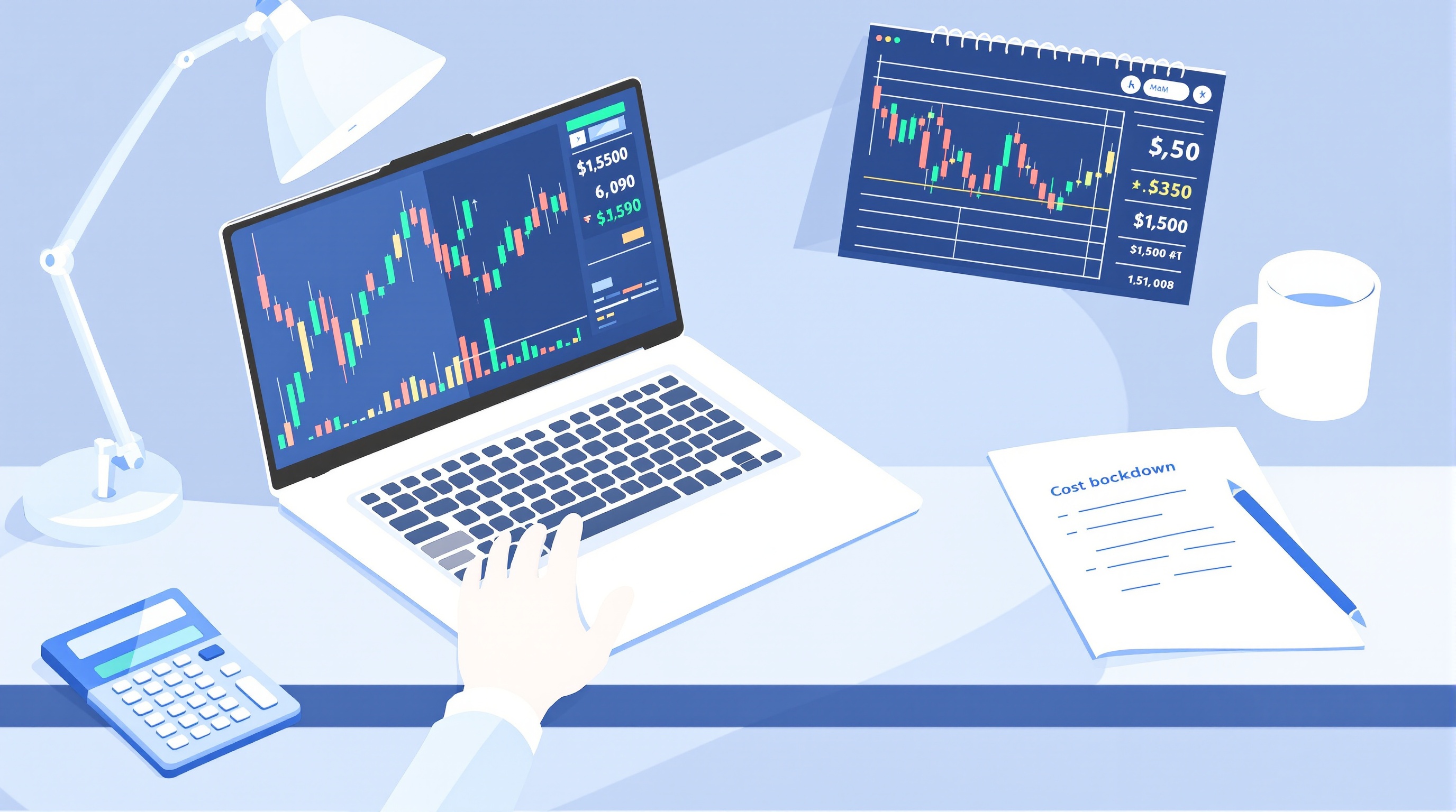 Trader calculating spread and commission costs on a laptop next to a forex chart