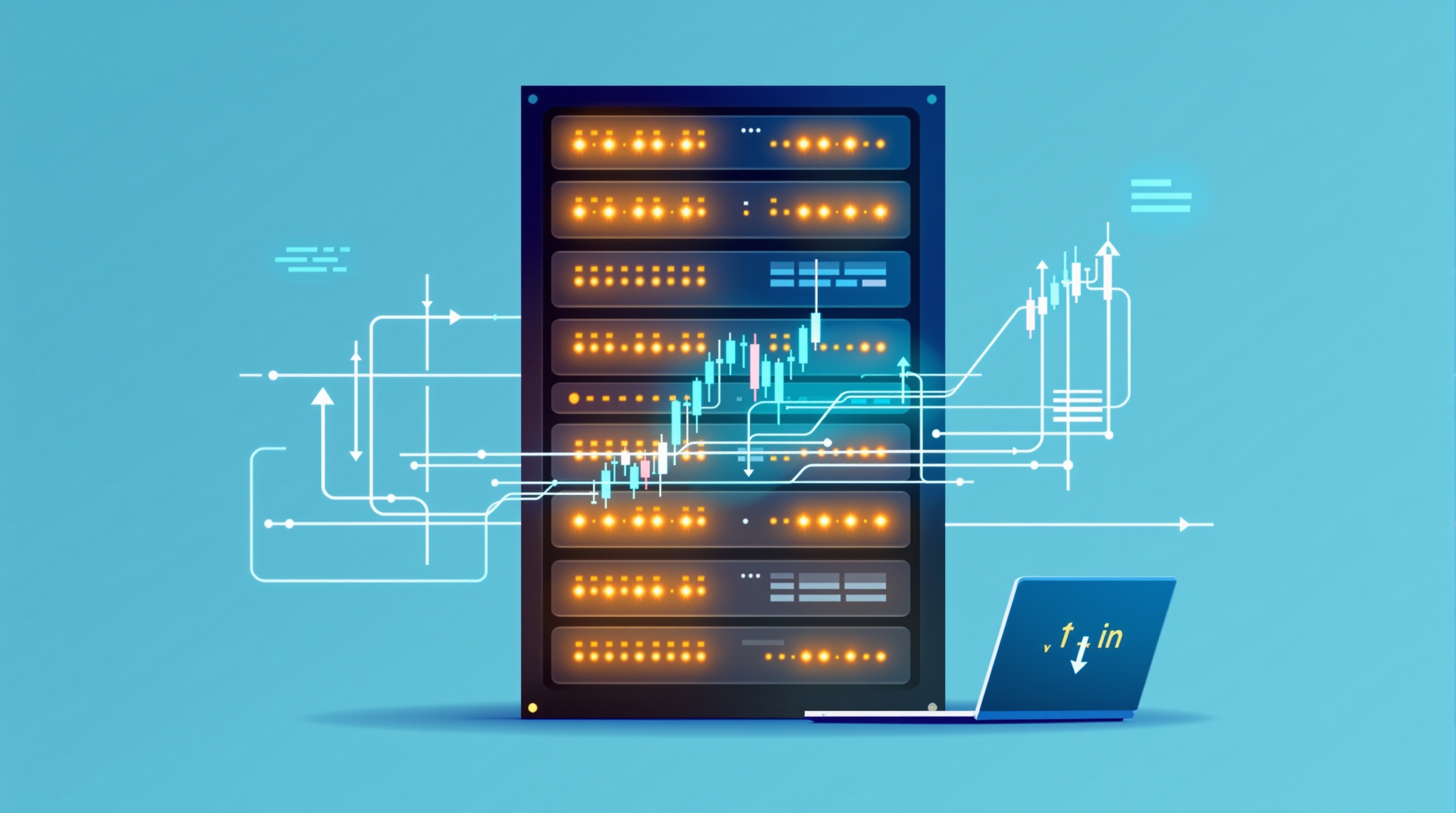 Illustration of a data centre server rack with a forex candlestick chart overlay and network latency lines connecting to a trading terminal