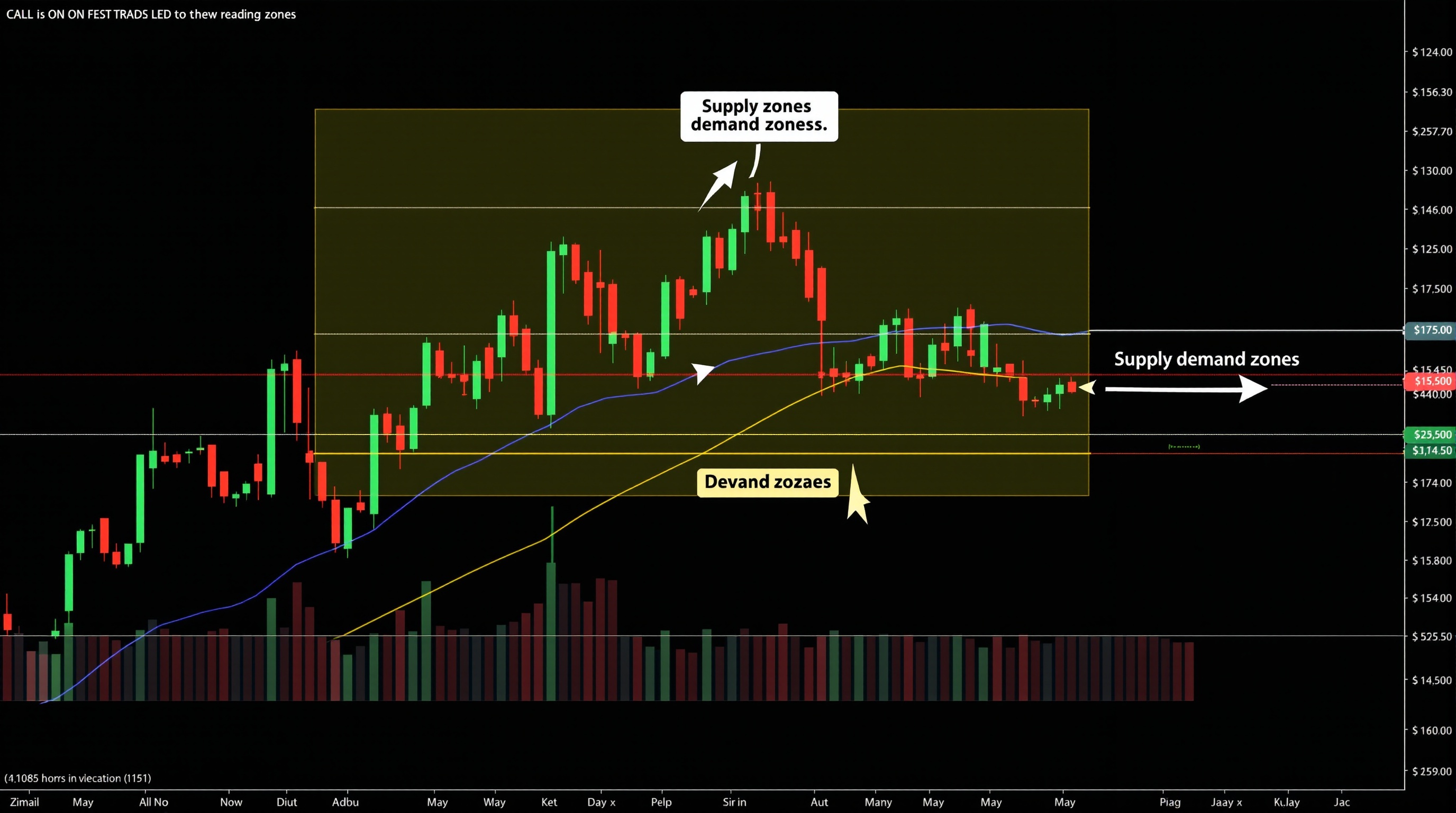 Candlestick chart showing marked supply and demand zones with price reacting at each level