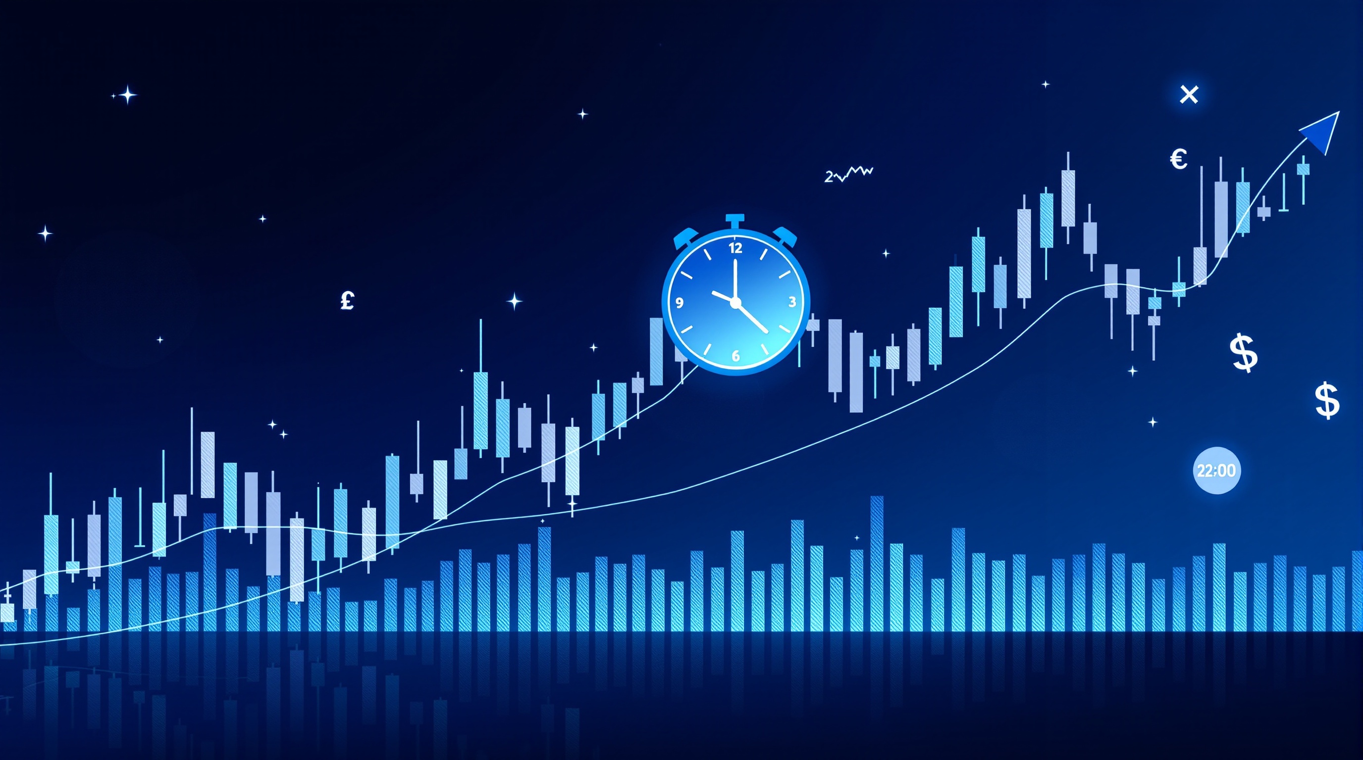 Illustration of a forex trading chart at night with a clock showing rollover time and small currency symbols