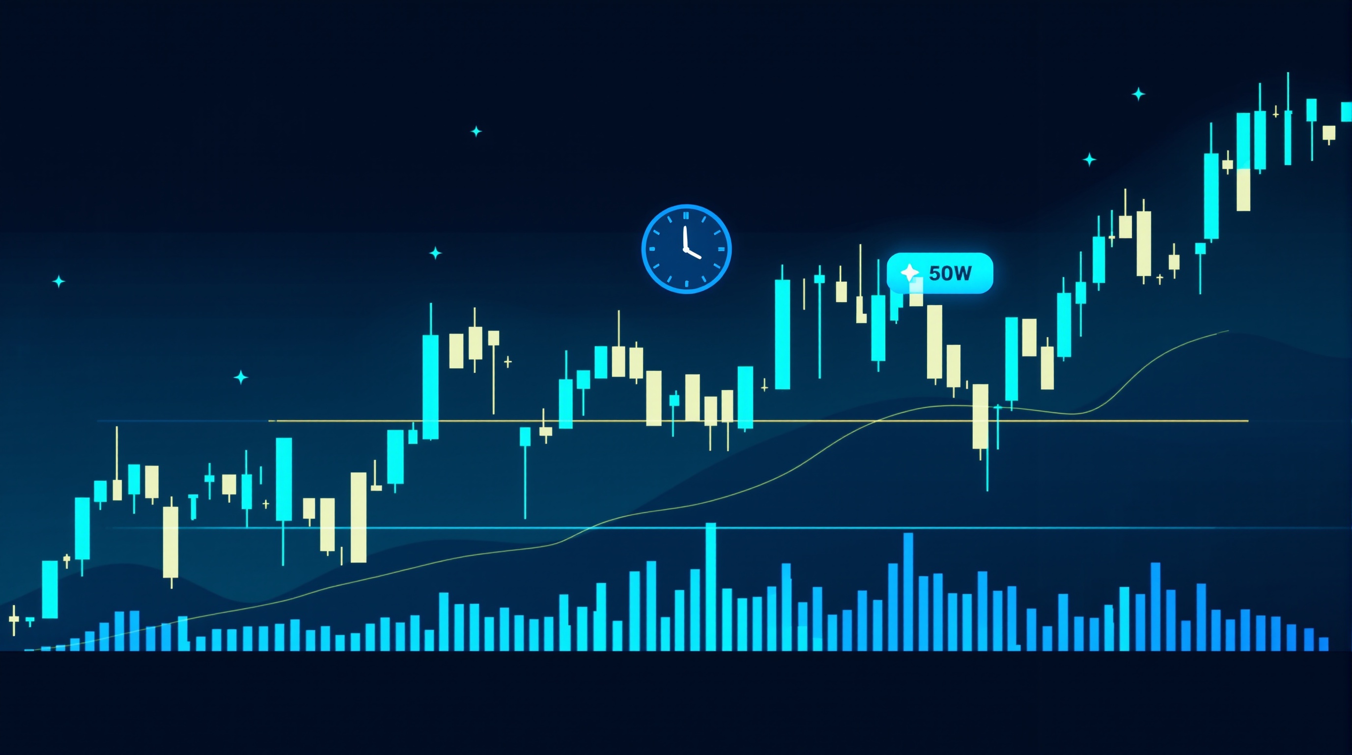 Illustration of a forex trading chart with a clock showing overnight rollover eating into a profit bar