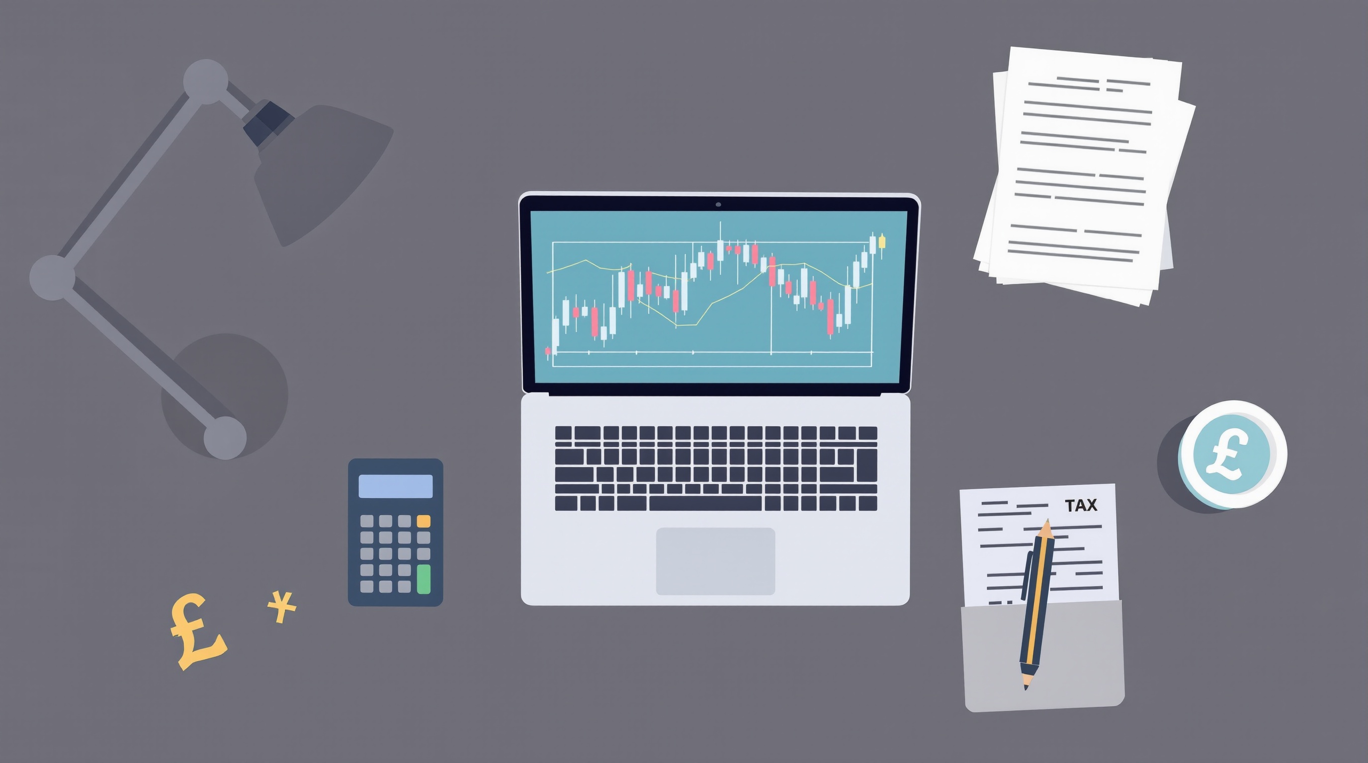Illustration of UK tax documents and forex charts side by side on a desk