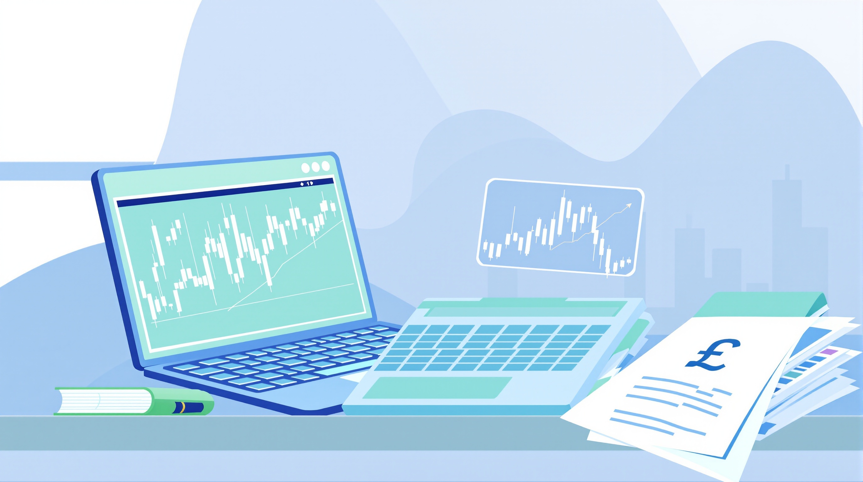 Illustration of UK tax documents, a calculator and a forex trading chart on a desk