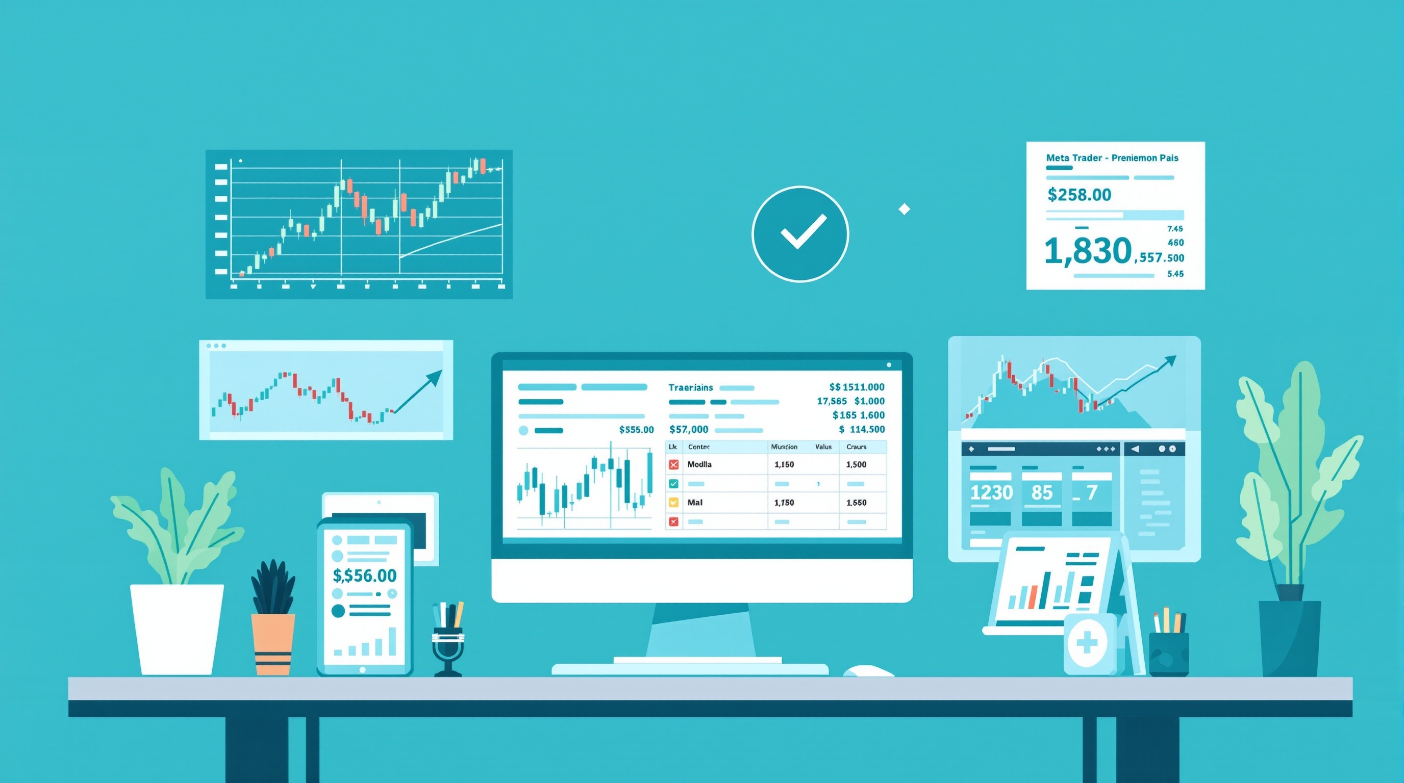 Trader comparing MetaTrader charts and broker cost data on a desktop screen