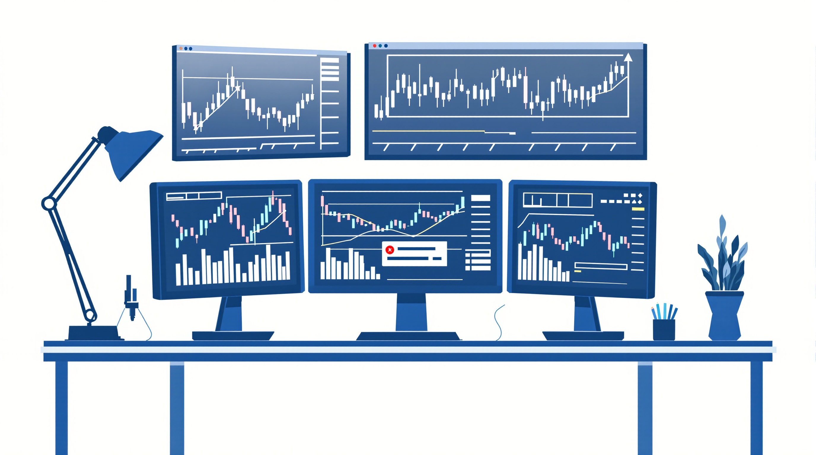 Trader troubleshooting MetaTrader error messages on a multi-monitor desk setup