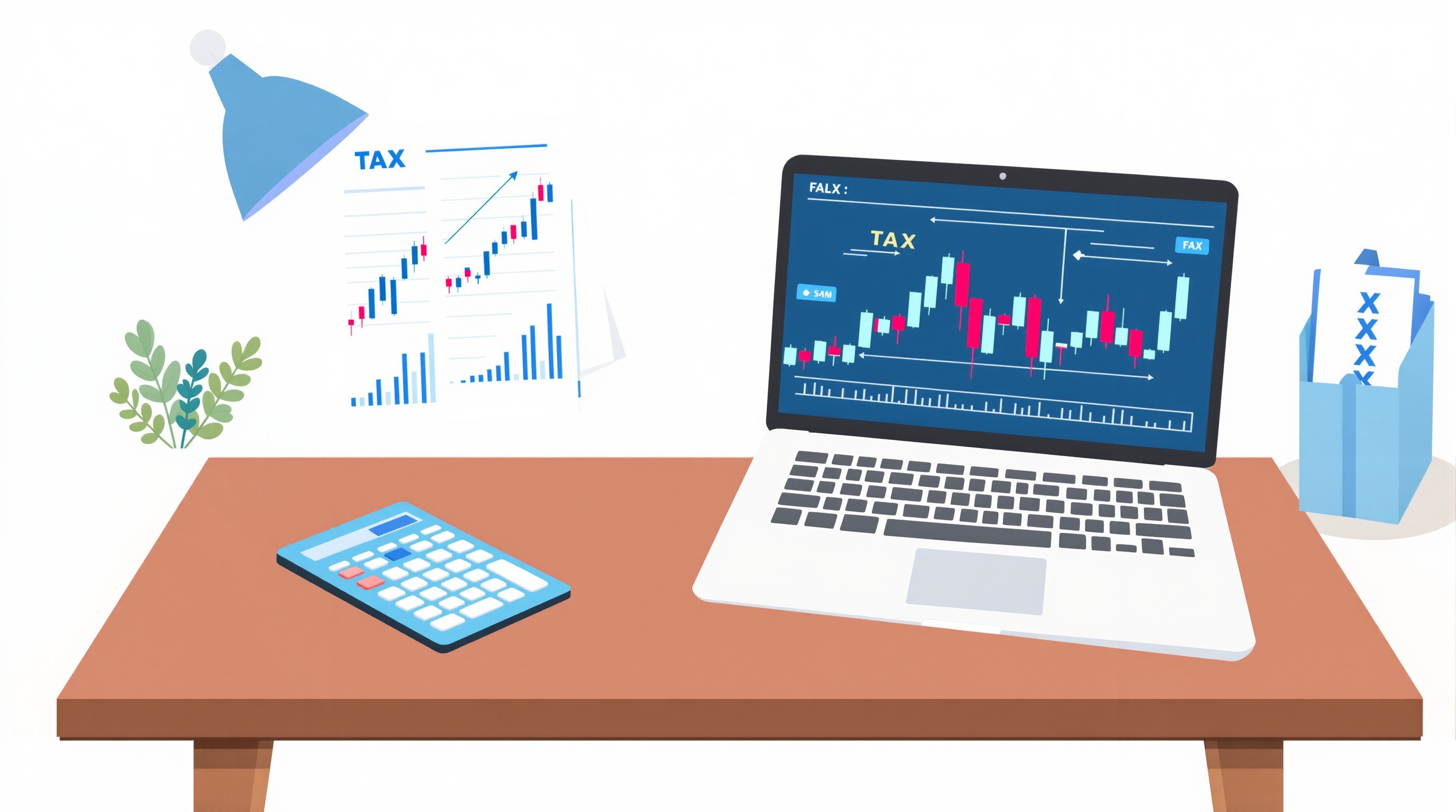 Illustration of a UK trader reviewing tax documents and trading charts side by side