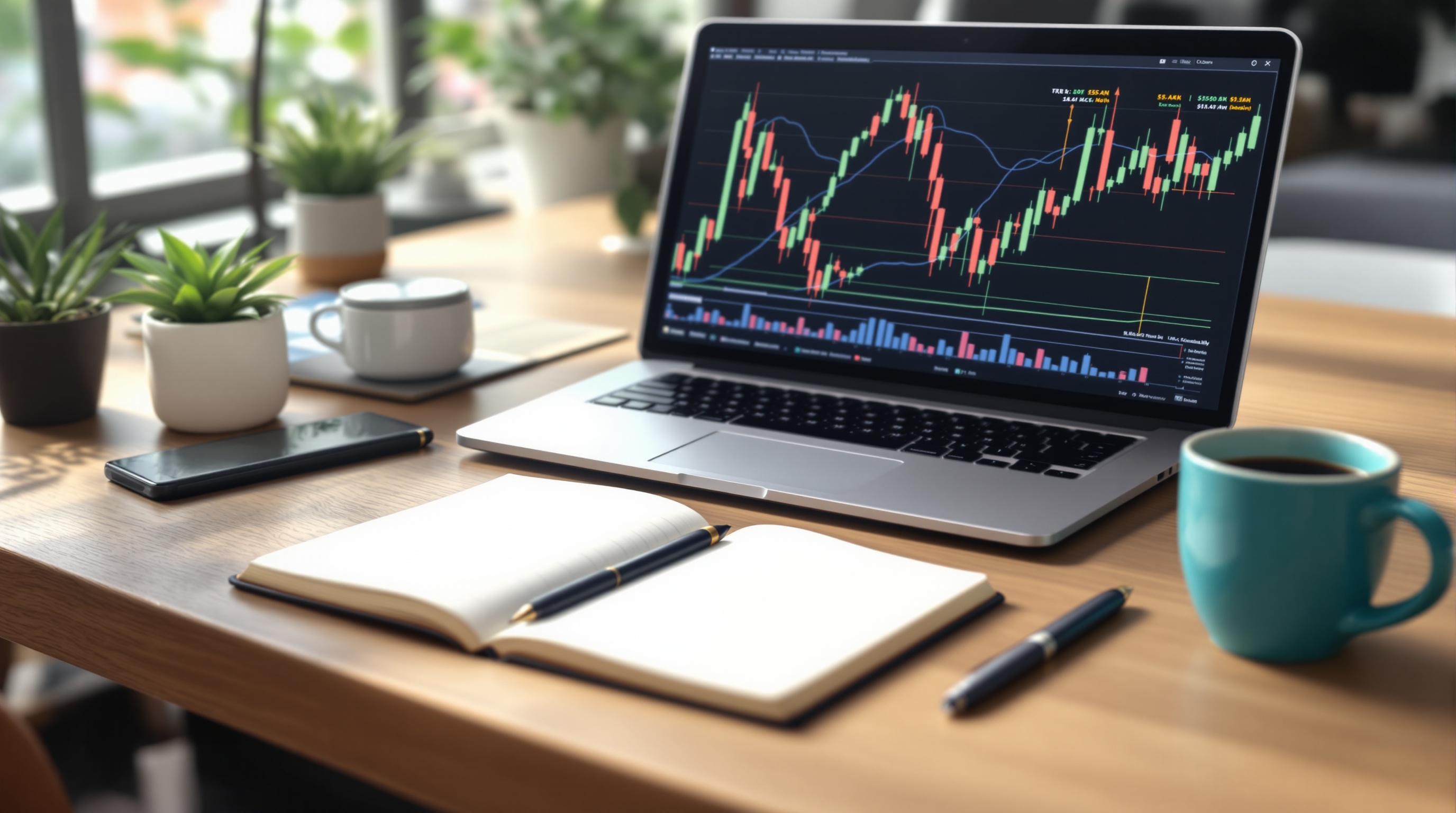 A trader's desk with a notebook, laptop showing candlestick charts, and a coffee cup