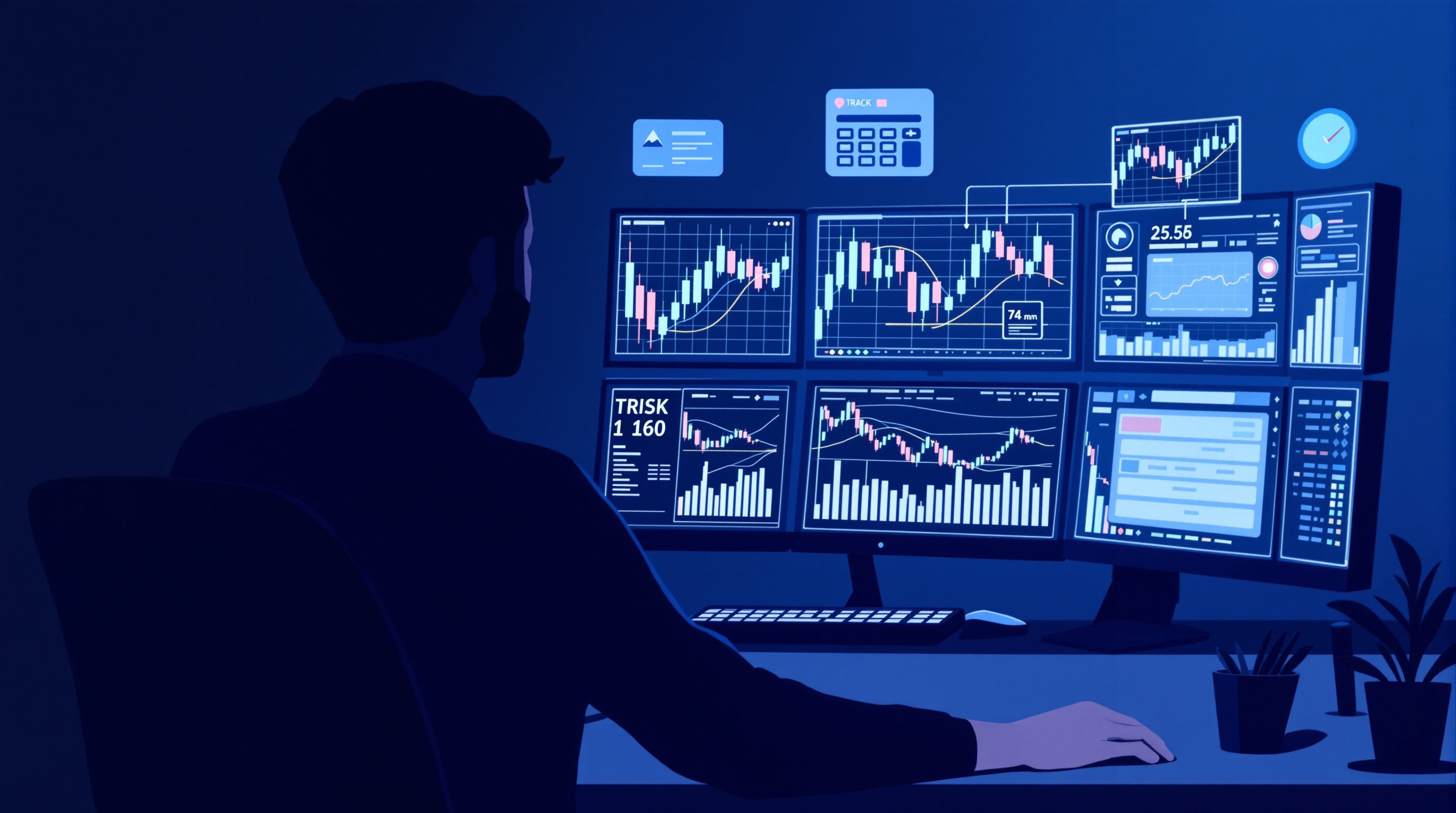 Trader sitting calmly at a desk with charts and a risk calculator, representing disciplined trading psychology