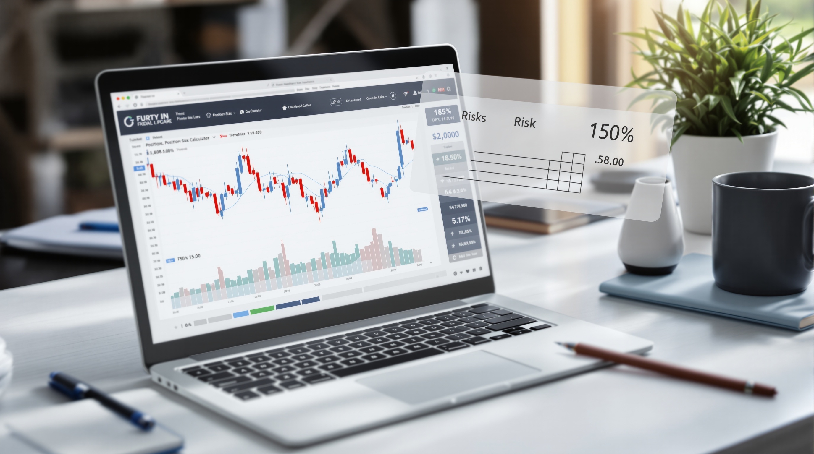 Trader calculating pip value and position size on a laptop showing a currency chart and lot size calculator