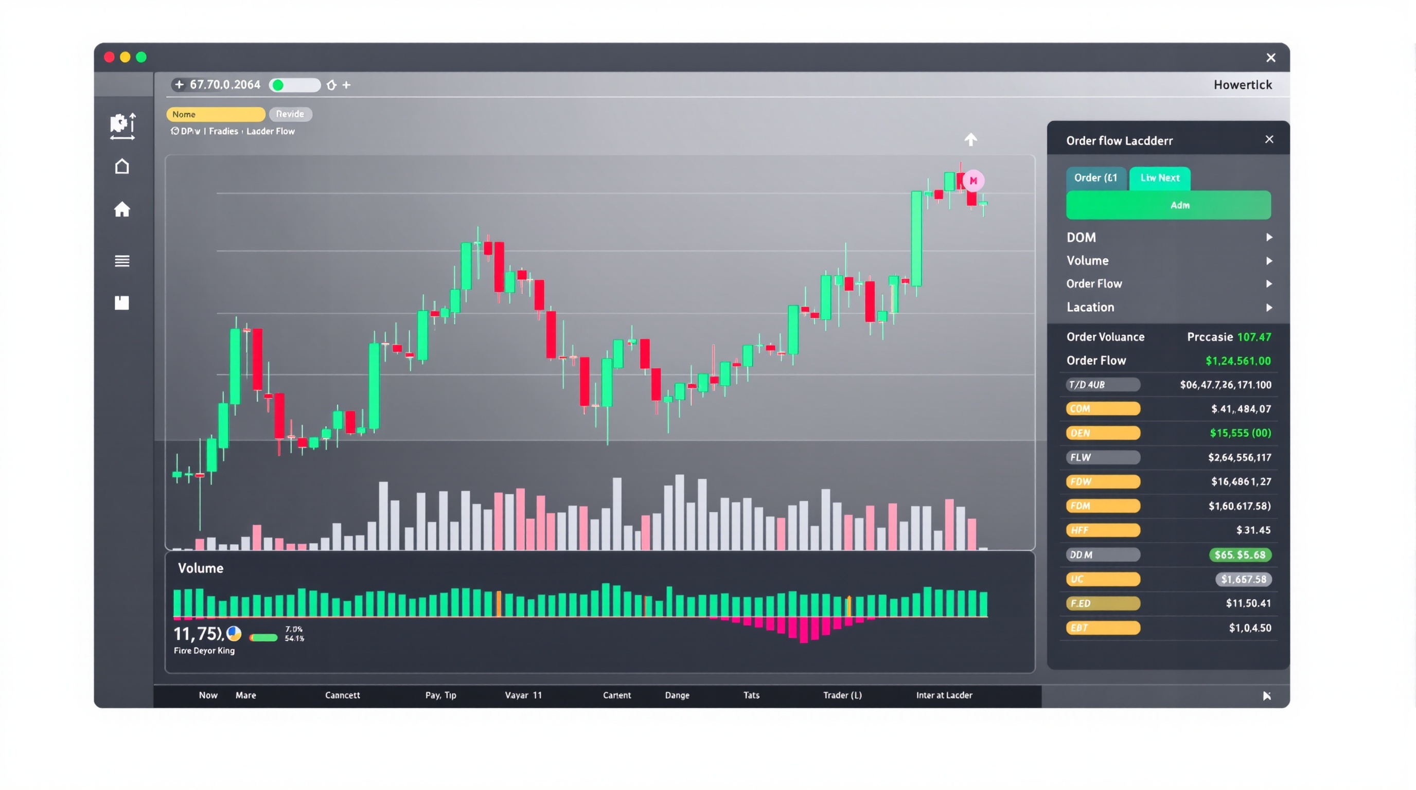 Trading chart showing candlesticks with a volume histogram and order flow ladder beside it