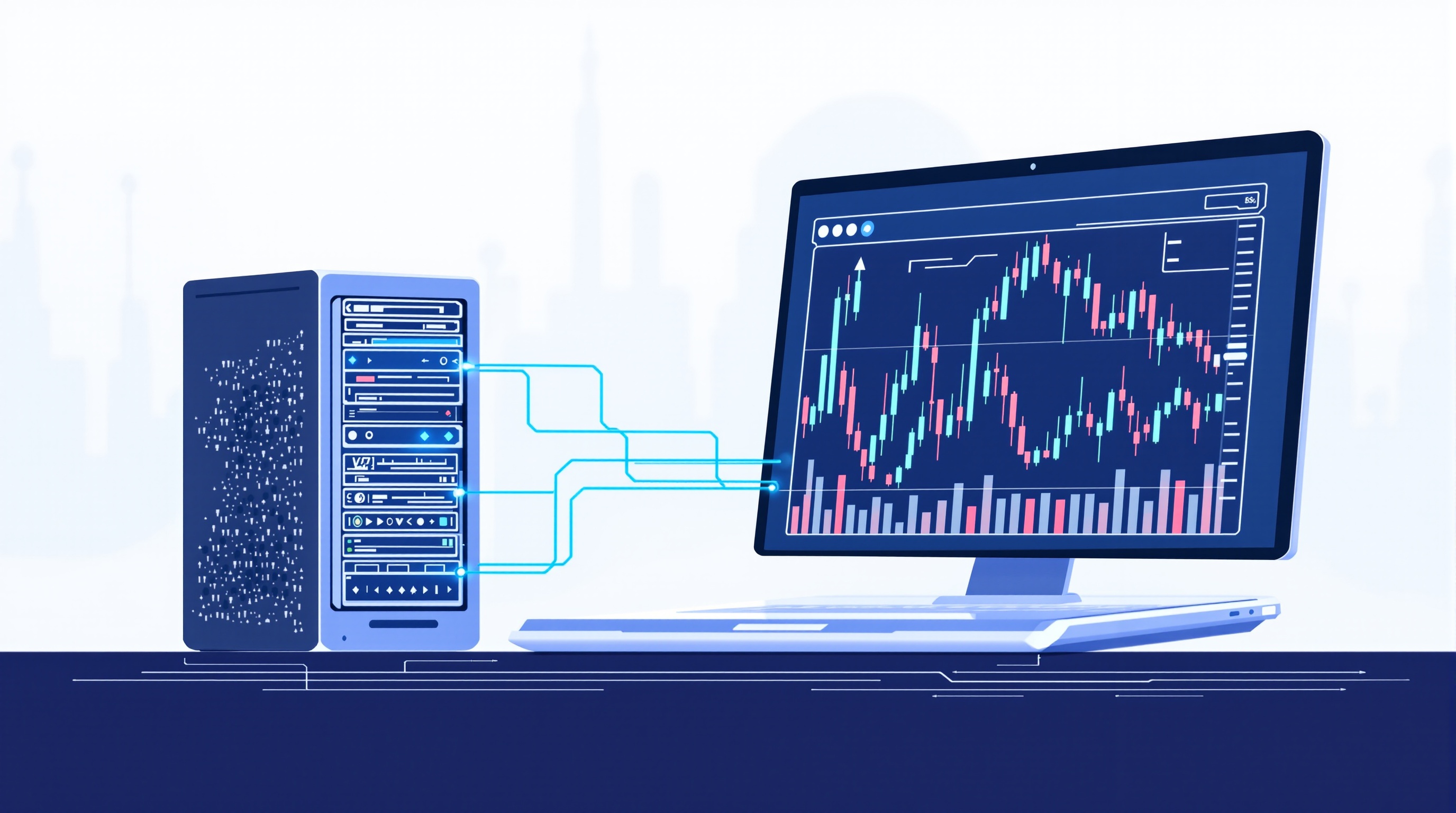 Illustration of a server rack connected to trading charts representing a VPS running MT4