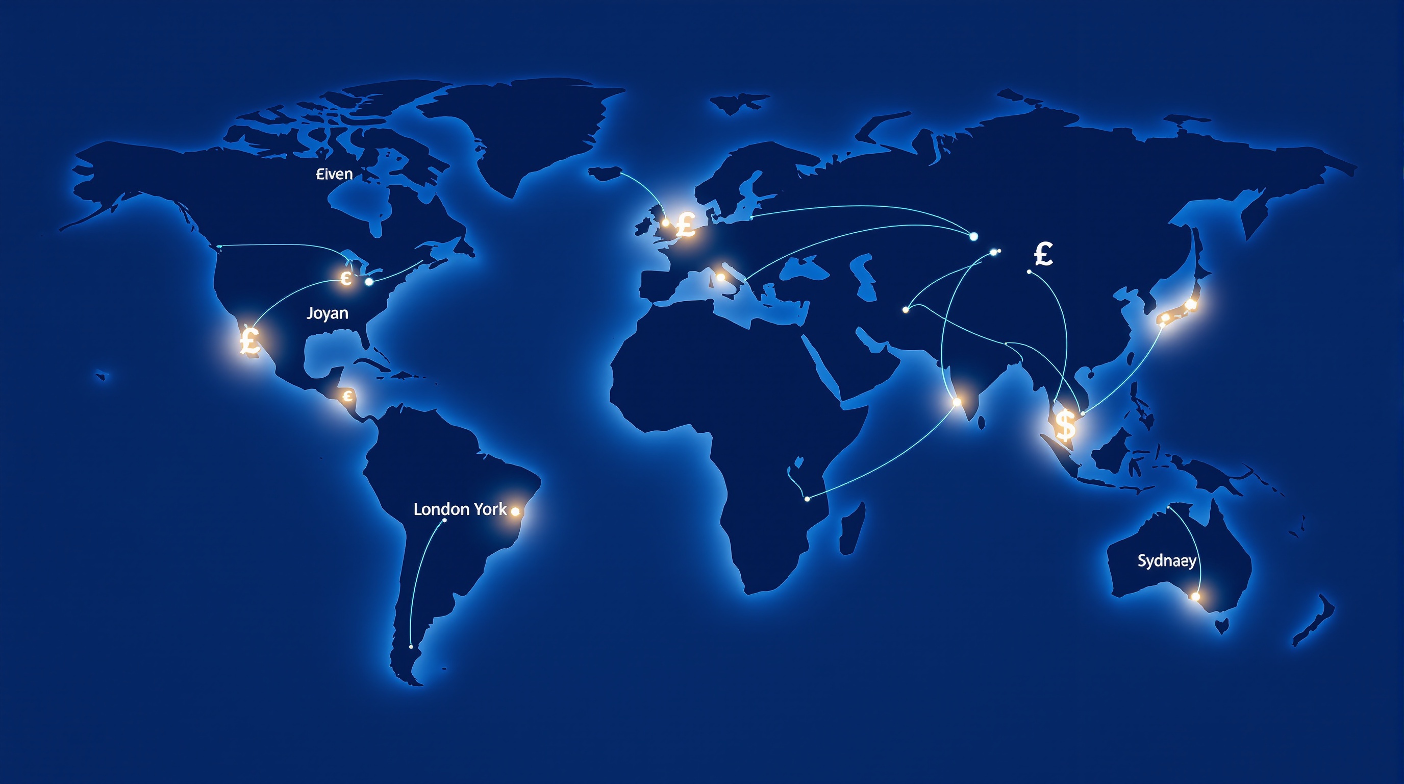 Illustration of global currency symbols connected across a world map representing the forex market