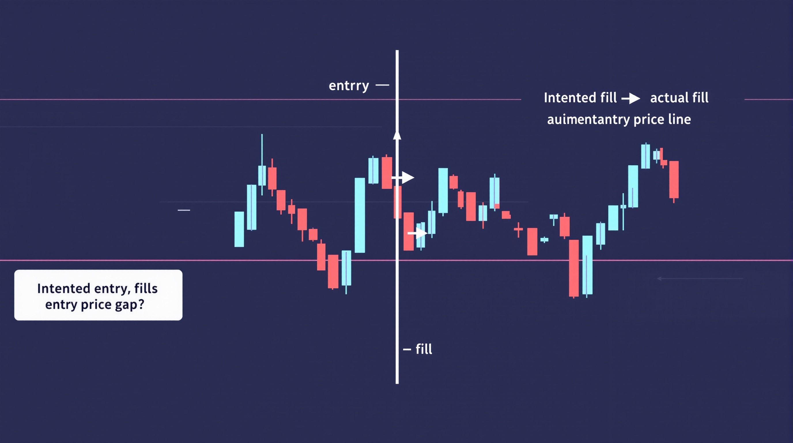Trading chart showing intended order price versus actual filled price with a slippage gap highlighted