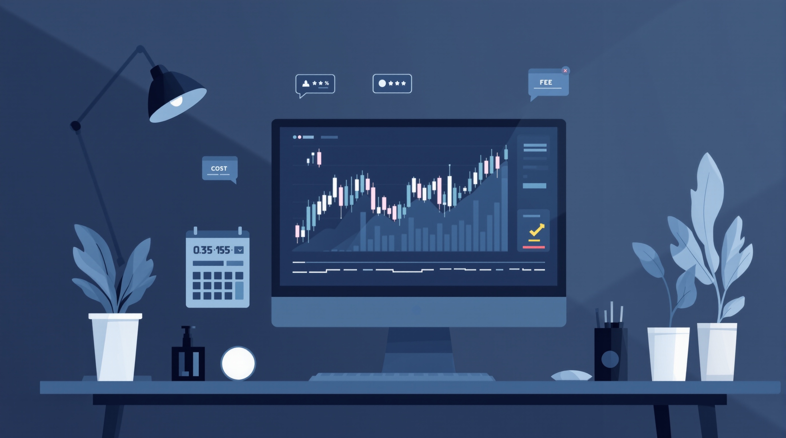 Trader analysing spread and commission costs on a forex chart with a cost calculator overlay