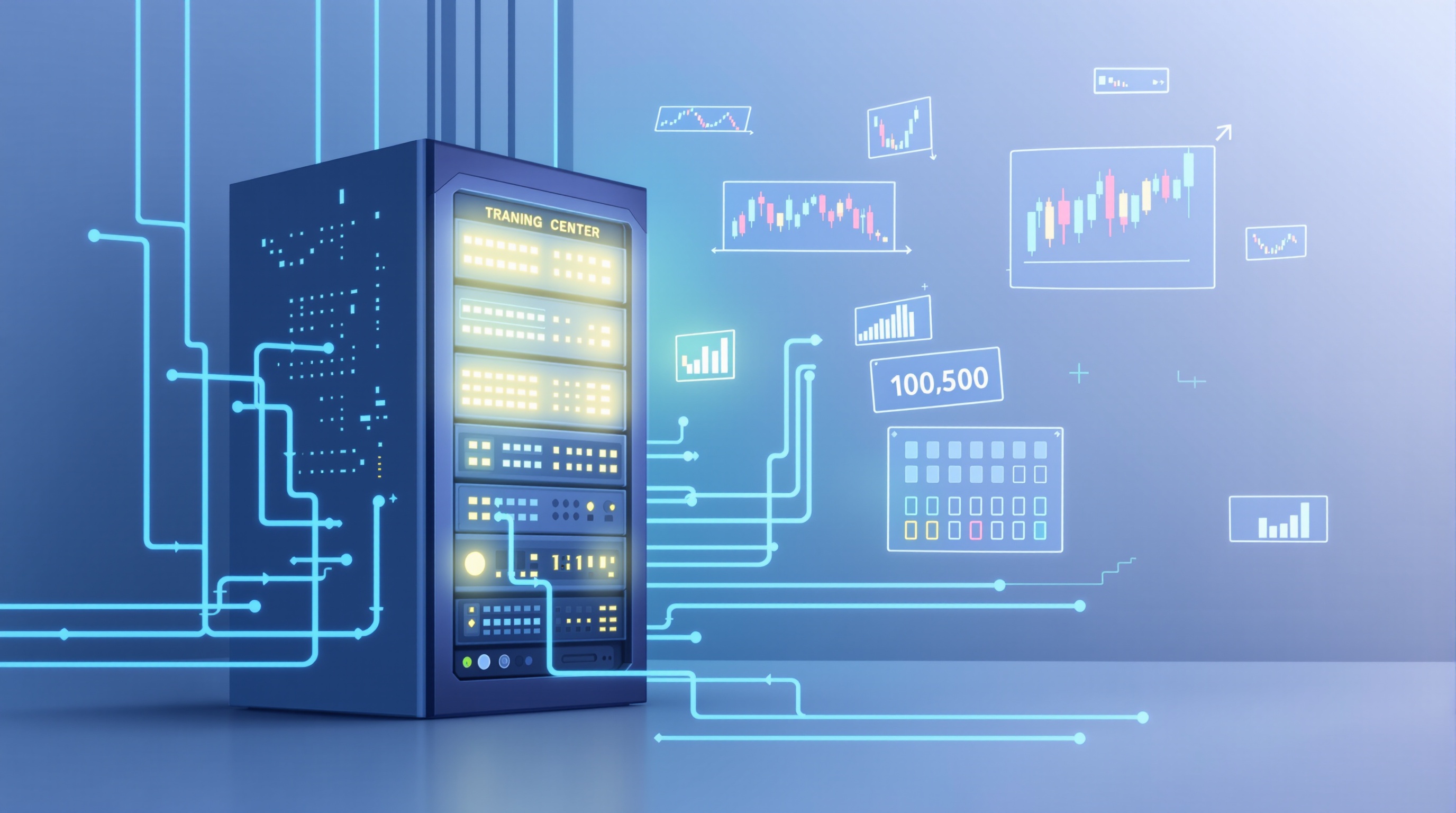 Illustration of a server rack connected to trading charts representing a Windows VPS running MetaTrader